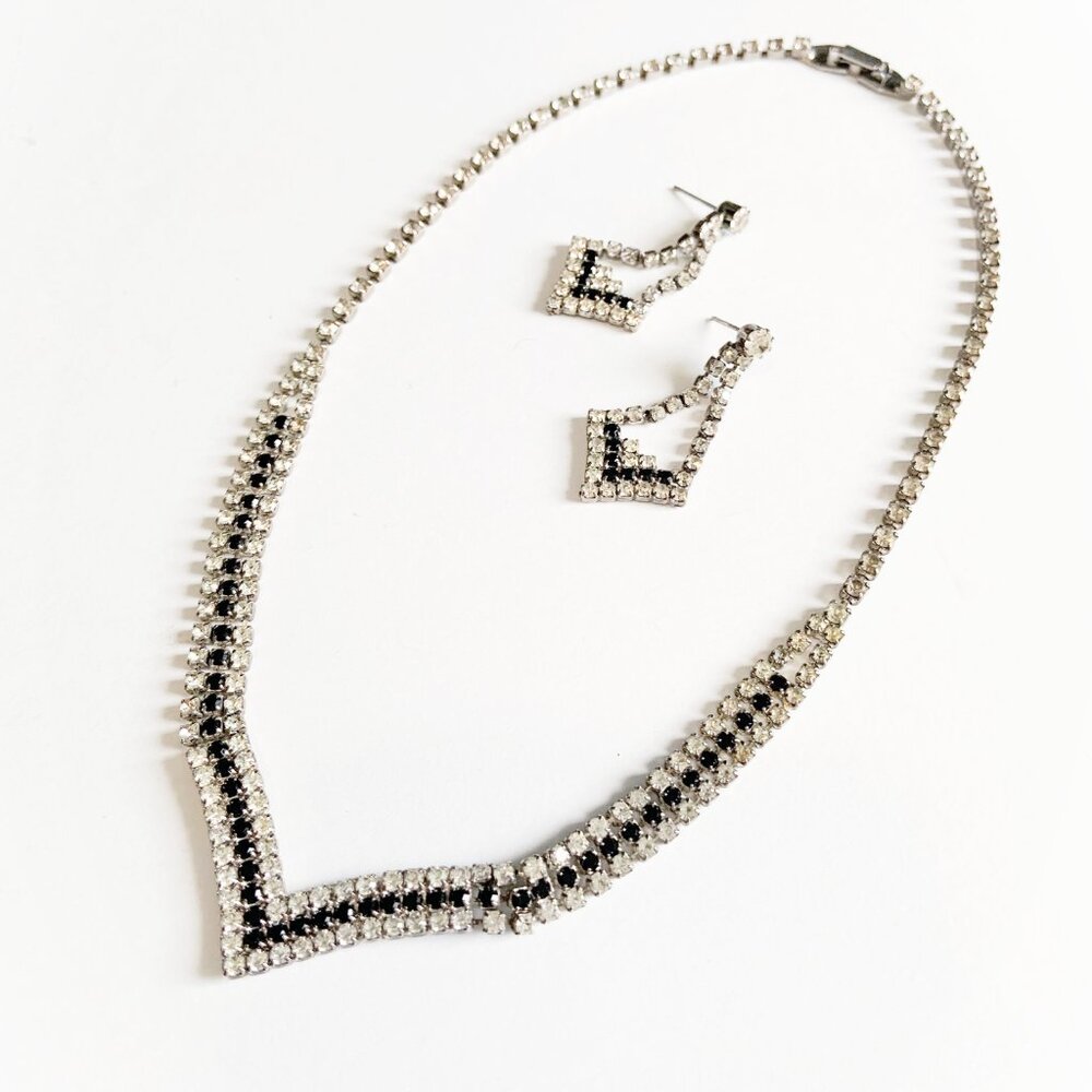 Vintage Matching Rhinestone Necklace and Earrings Set with Black Stones